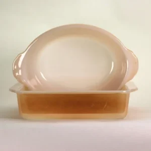 VINTAGE Fire-King Peach Lustre Bakeware.  8" Oval Bowl or Square Casserole. Your Choice 28.00 Each. Mid-Century Ovenware.