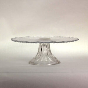 VINTAGE Glass Cake Stand. 9" Pressed Sunburst Pedestal Plate.  Scalloped Edge Dessert Display. Made in USA.