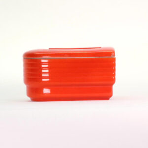 VINTAGE Hall China Refrigerator Dish. Red Deco Westinghouse Left-Side Box. 1930s–40s Art Deco Kitchenware.