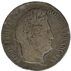 1833 Five French Francs Coin. Vintage. Circulated.