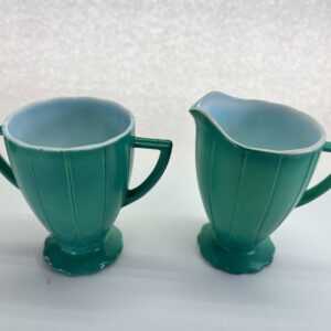 MCM Hazel Atlas Platonite Creamer and Open Sugar Bowl. Jade Green.