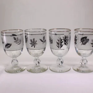 MCM Libbey Silver Leaf Footed Goblets with Silver Trim. Set of 4.