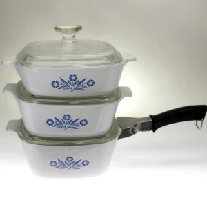 VINTAGE CorningWare 7-piece Set. Three Casseroles with Lids and 1 Handle. Blue Cornflower.