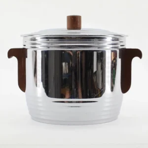 VINTAGE Manning-Bowman Chrome Ice Bucket. Mirrored Glass Liner. Walnut Handles. Art Deco Cocktail Era