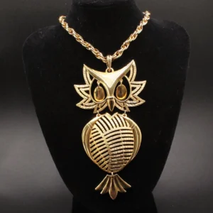 VINTAGE Articulated Owl Pendant Necklace. Oversized Jointed Body with Shimmering Eyes.
