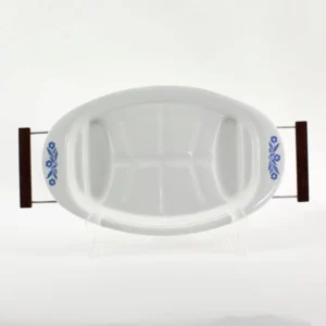 RARE CorningWare Blue Cornflower P-19 Roasting Platter with Teak-handled Trivet. Made in USA.