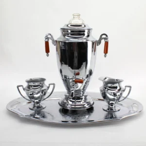 VINTAGE Forman Bros. Chrome Coffee Urn Set – Electric Percolator with Tray, Creamer & Sugar – MCM Chromium-Plated Brass