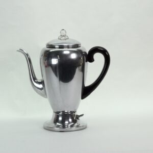 Vintage Mirro-Matic 8-cup electric percolator from 1952 with polished aluminum body, black Bakelite handle, and glass knob.