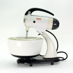 Restored 1950s Sunbeam Mixmaster: Vintage White & Black Stand Mixer with Milk Glass Bowls