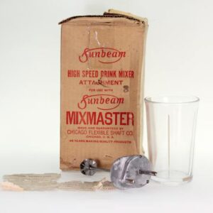 ANTIQUE Sunbeam Mixmaster Drink Mixer Attachment. Boxed Set. Chicago Flexible Shaft Co. Branding.