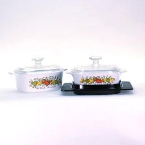 Vintage Corning Ware Spice of Life Set: L'Echalote & Le Persil, Brown Trivet