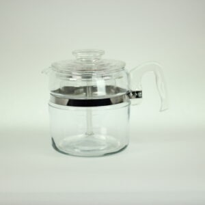 Complete Pyrex Flameware 7756-B 8-cup percolator with all original glass and aluminum parts displayed on a white background.