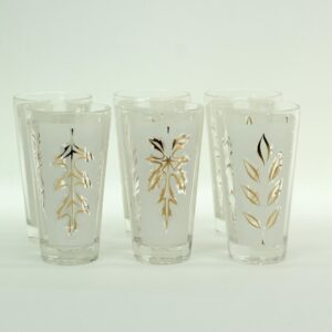 Vintage Mid Century Frosted Highball Glasses Gold Leaf Barware Set of 6