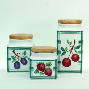 Vintage Fruit Canister Set, Ceramic Kitchen Storage Jars with Wood Lids, Set of 3