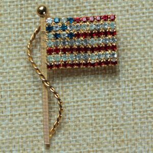 Vintage American flag rhinestone brooch gold tone 1970s